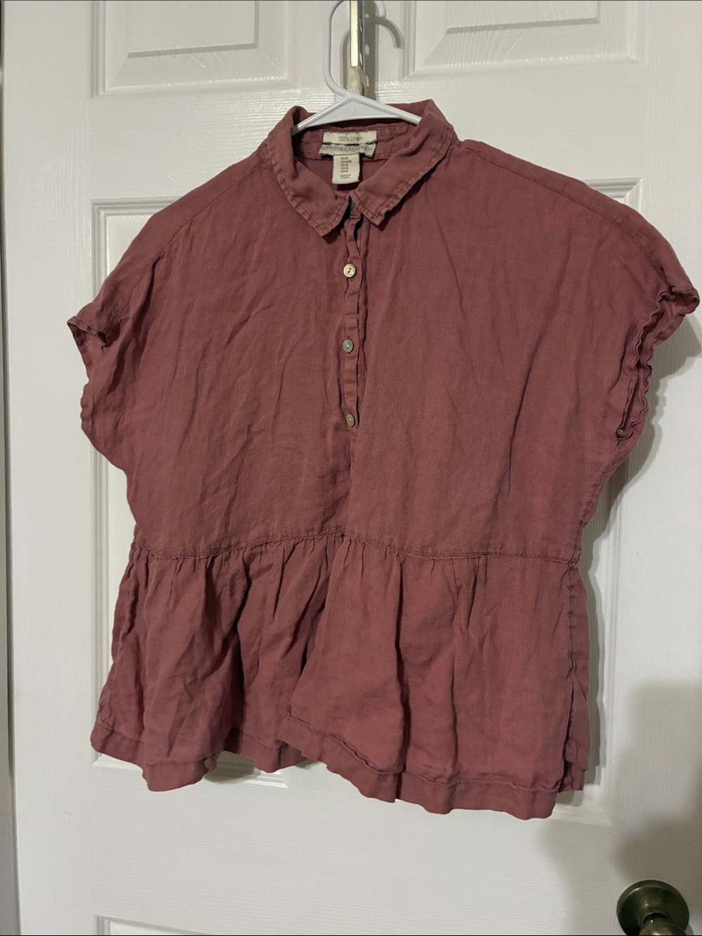 Cynthia Rowley Washed Rose Button-Peplum Blouse 100% linen
